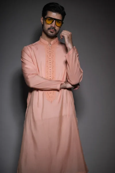 Cantaloupe Orange Neck Embroidered Men Kurta of Naushemian by Nauman Arfeen