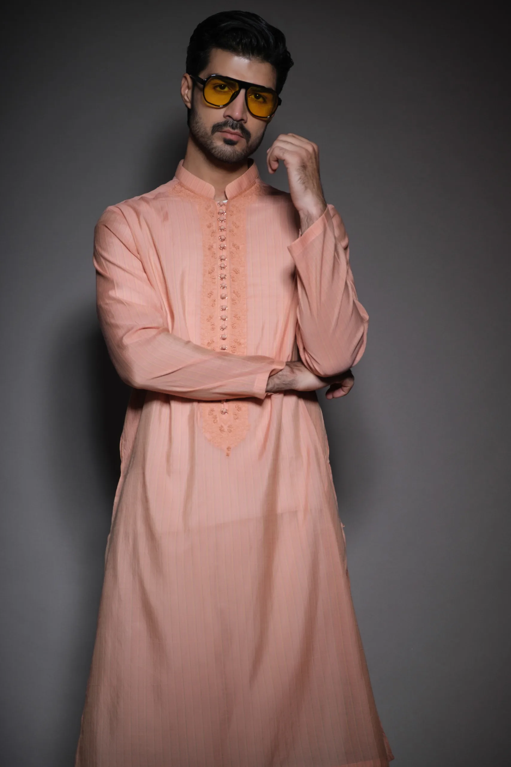 Cantaloupe Orange Neck Embroidered Men Kurta of Naushemian by Nauman Arfeen
