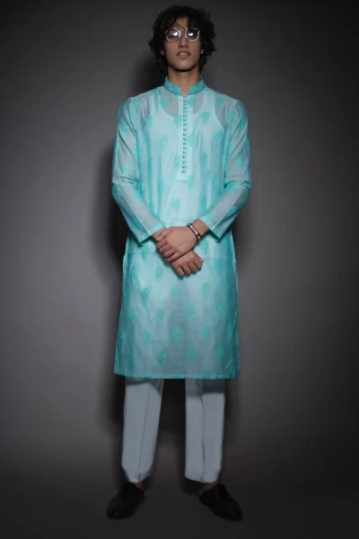 Sky Blue Embroidered Kurta for men of Naushemian by Nauman Arfeen