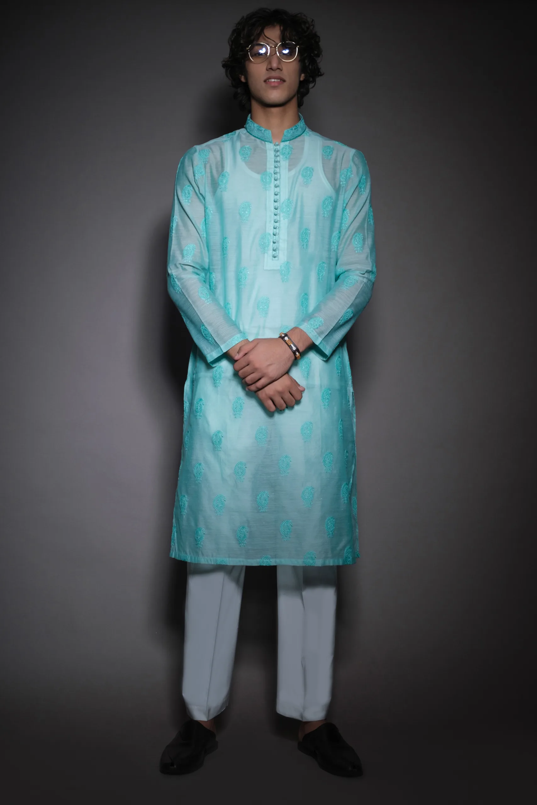 Sky Blue Embroidered Kurta for men of Naushemian by Nauman Arfeen