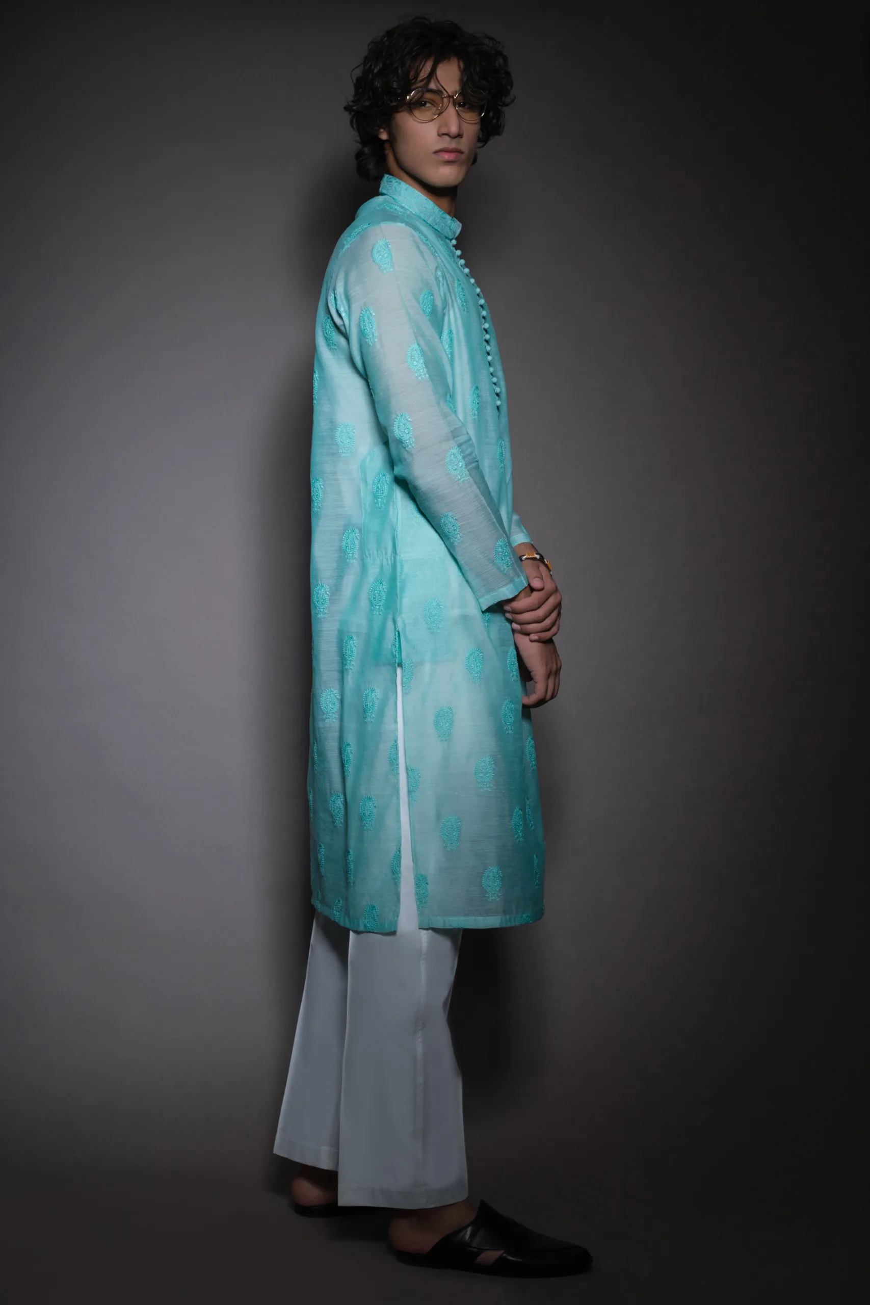 Sky Blue Embroidered Kurta for men of Naushemian by Nauman Arfeen