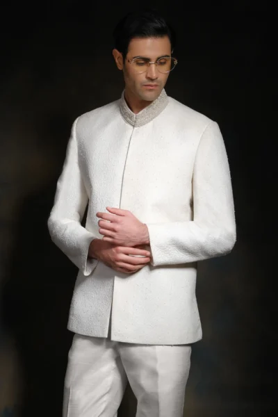 Elegant White Prince Coat for men with Embroidered Collar - Buy Designer dress