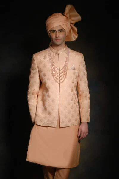 Classic Peach Prince Coat for men with regal motifs