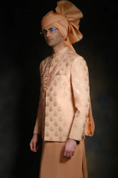 Classic Peach Prince Coat for men with regal motifs