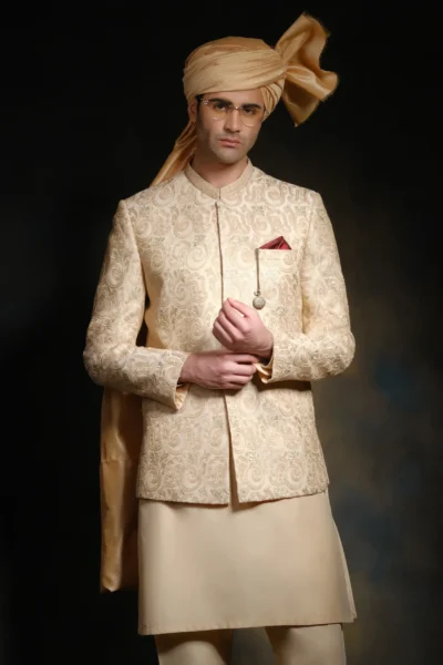 wedding day mens dress Light Gold Embroidered Prince Coat with embroidery andfloral motif elevate this luxurious light gold garment