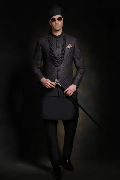 Black Diamond Embroidered Prince Coat for Men