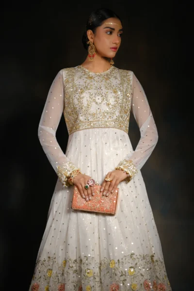 Light gold wedding gown with mirror work, zari embroidery, and beads
