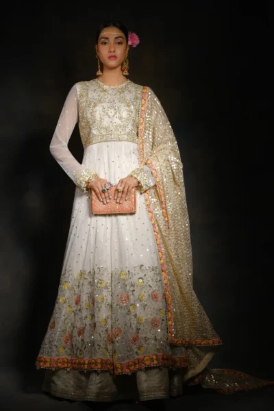 Light gold wedding gown with mirror work, zari embroidery, and beads
