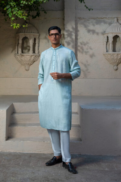 Icy Blue Kurta for Men, All-Over Sequin Kurta, Luxury Wedding Kurta 2026, Sculpted Imperial Fit, Tapered Fit Men’s Kurta