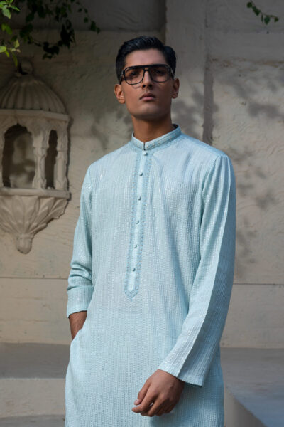 Icy Blue Kurta for Men, All-Over Sequin Kurta, Luxury Wedding Kurta 2026, Sculpted Imperial Fit, Tapered Fit Men’s Kurta
