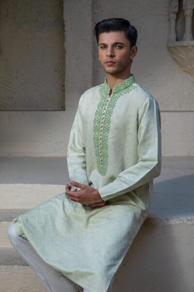 Mint Green Kurta for Men, Emerald Green Hand-Embroidery, Luxury Wedding Wear 2026