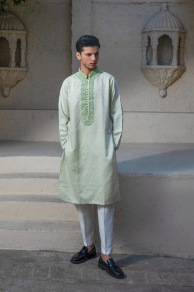 Mint Green Kurta for Men, Emerald Green Hand-Embroidery, Luxury Wedding Wear 2026