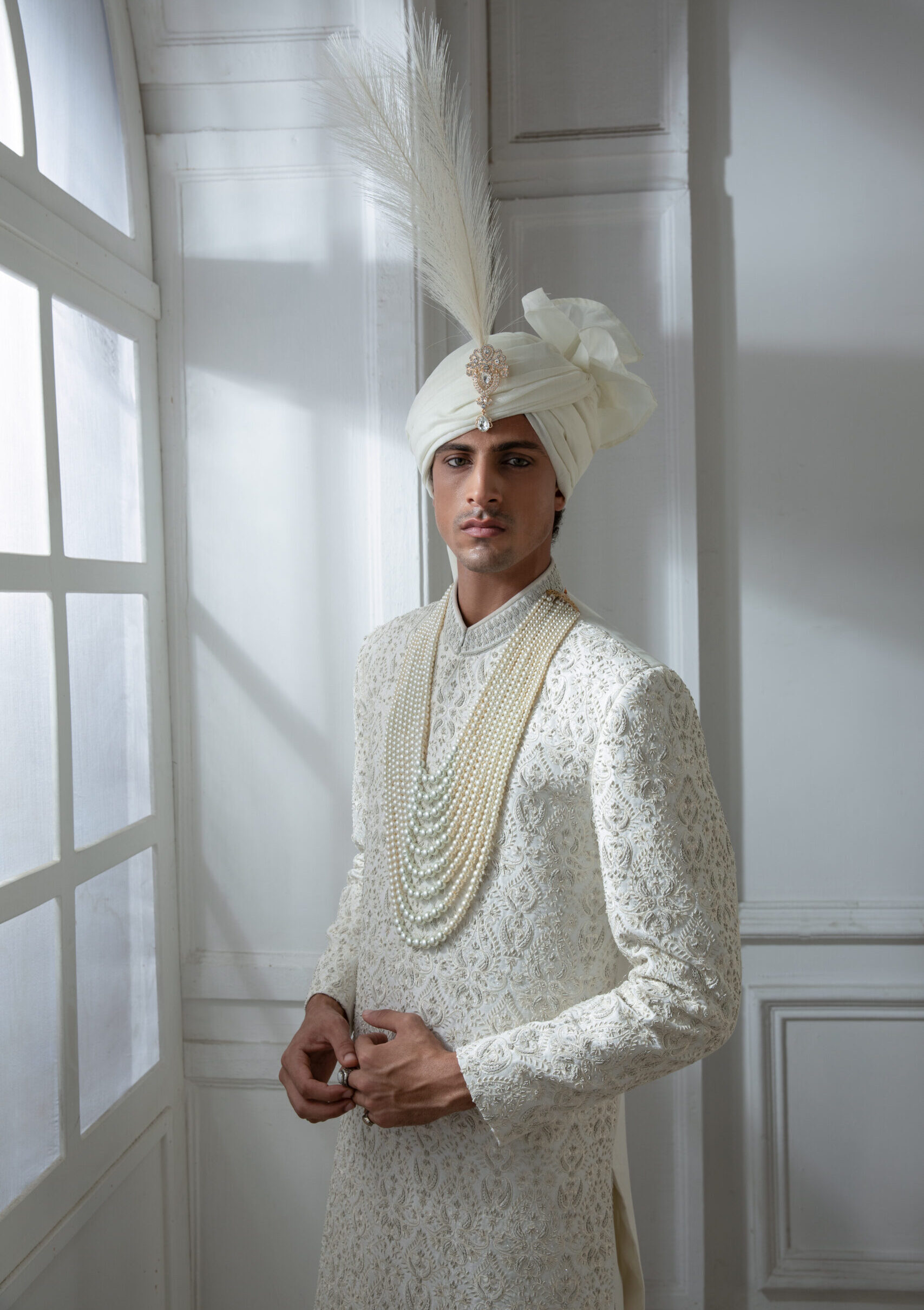 _F1A2127 Pakistani groom wedding sherwani by Naushemian Nauman Arfeen โ Divinus masterpiece design featuring intricate Kora embroidery, filigree detailing, embroidered shawl, regal turban, and handcrafted Khoosa shoes for luxury weddings