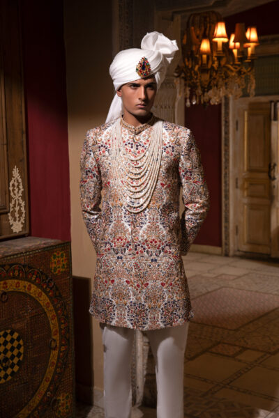 Multi-Color Embroidered Sherwani Groom, Heavy Threadwork Wedding Attire, Royal Nauratan Sherwani by Nauman Arfeen
