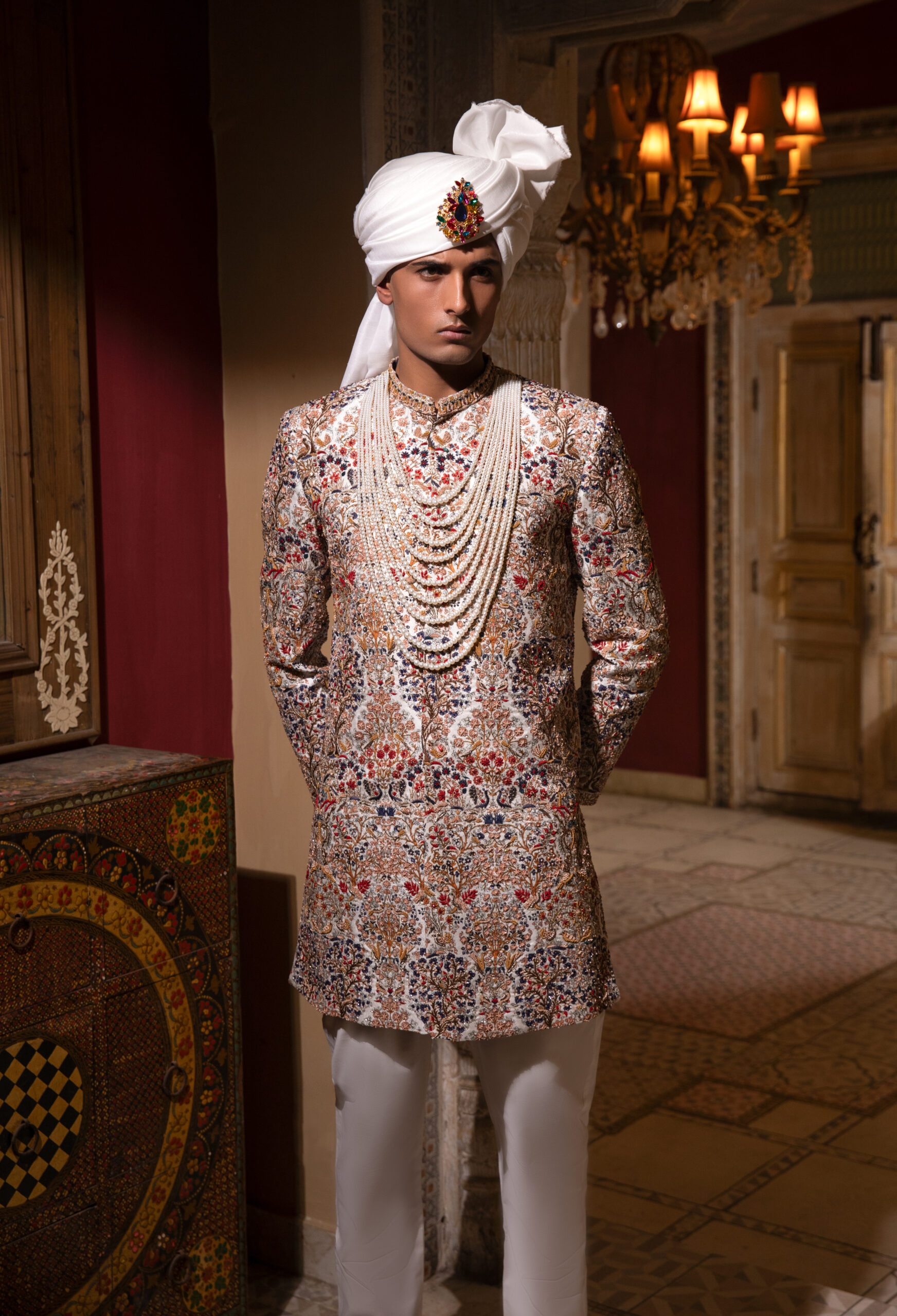 _F1A2250 Groom Couture Sherwani Multi-Color Embroidered Sherwani Groom, Heavy Threadwork Wedding Attire, Royal Nauratan Sherwani by Nauman Arfeen