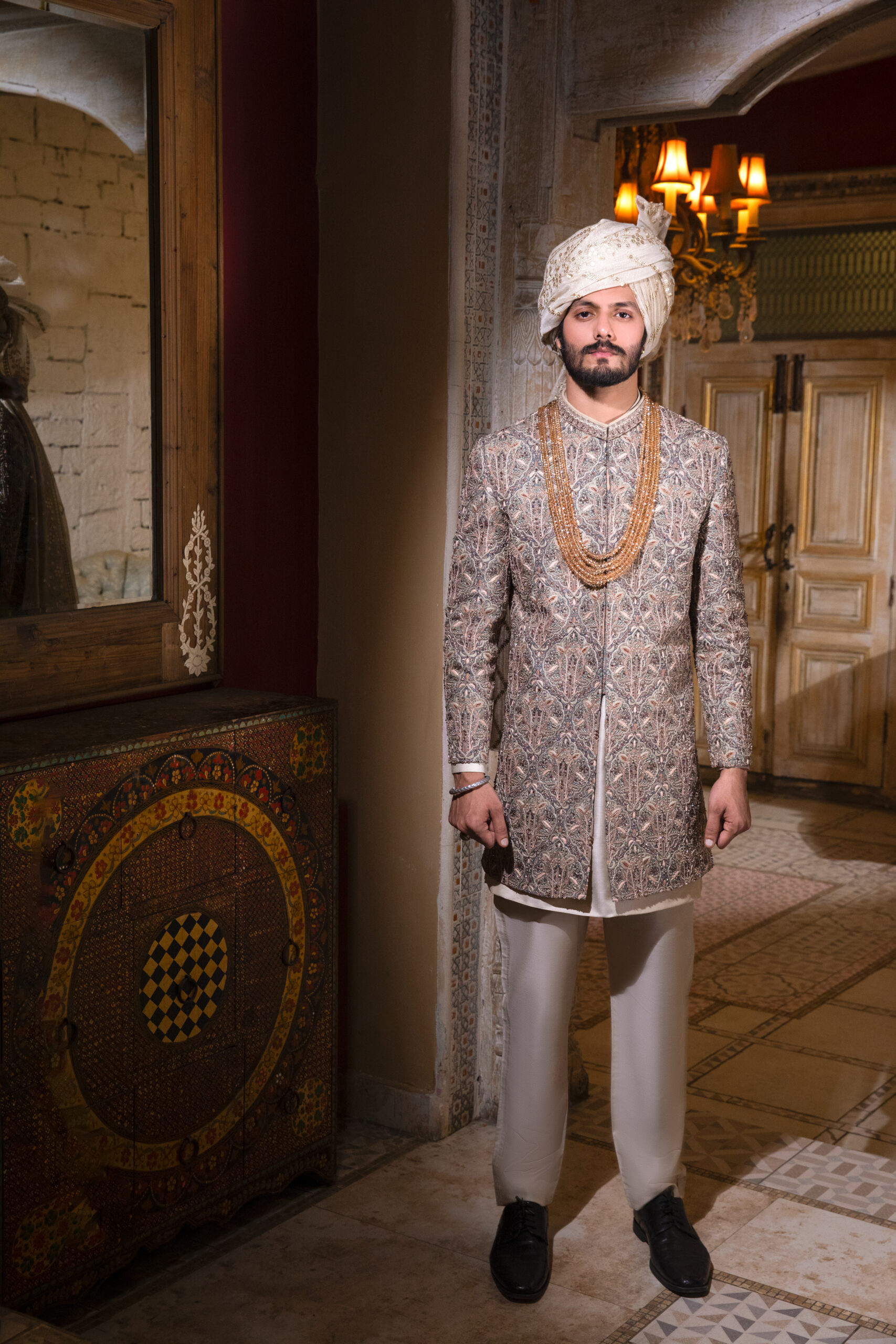 _F1A2327 DASTKAR'S VIRASAT EMPEROR SHERWANI, Antique Gold Kora Work Sherwani Groom, Heavy Luxe Designer Sherwani