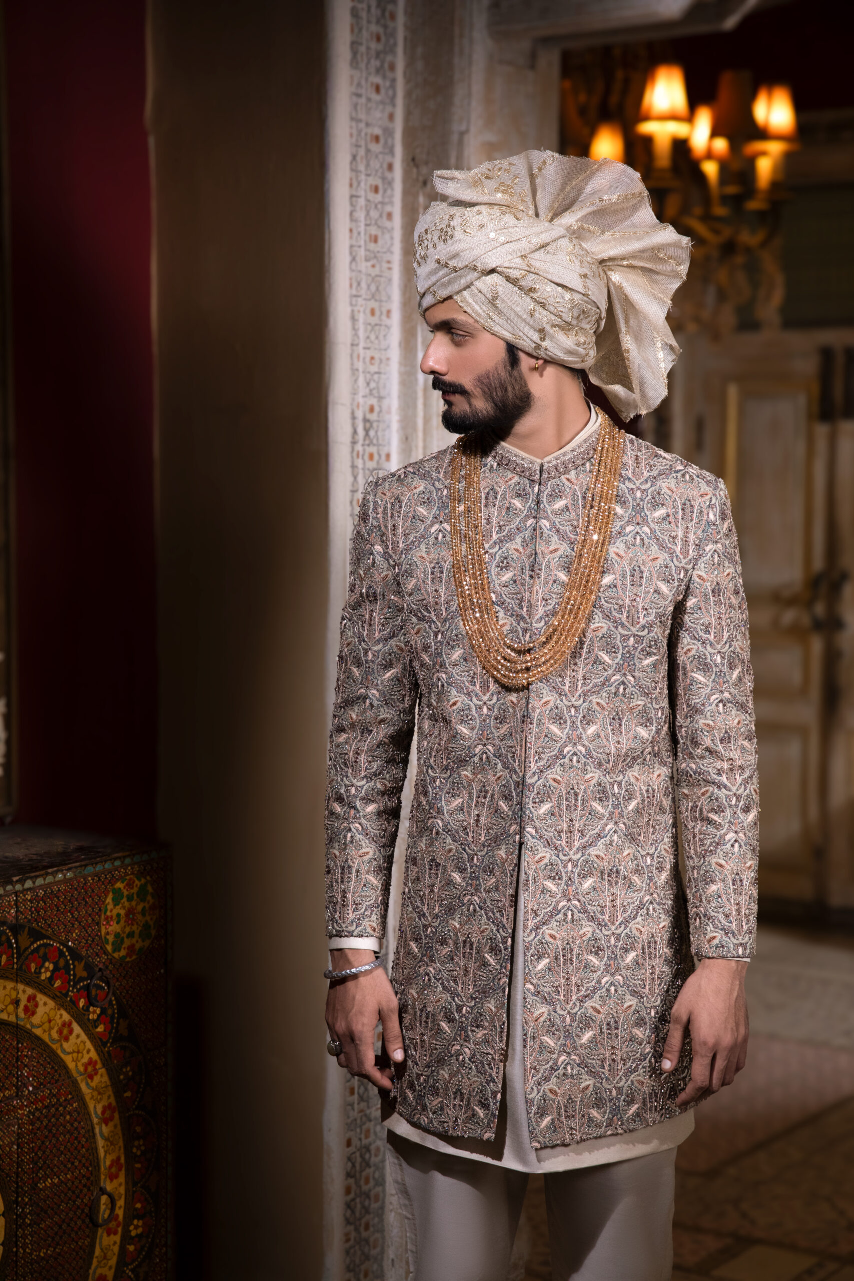 _F1A2330 DASTKAR'S VIRASAT EMPEROR SHERWANI, Antique Gold Kora Work Sherwani Groom, Heavy Luxe Designer Sherwani
