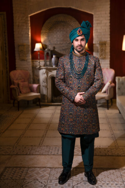 Heavy Luxe Metallic Work blue sherwani Groom Nauman Arfeen, Sapphire Teal Designer Wedding blue sherwani Couture, Shahi Karchob Embroidery blue sherwani Attire