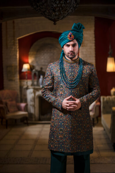 Heavy Luxe Metallic Work blue sherwani Groom Nauman Arfeen, Sapphire Teal Designer Wedding blue sherwani Couture, Shahi Karchob Embroidery blue sherwani Attire