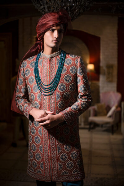 Luxury Rust Sherwani Blue Karchob Groom, Terracotta Designer Wedding Sherwani Nauman Arfeen, Shahi Medallion Embroidery Attire