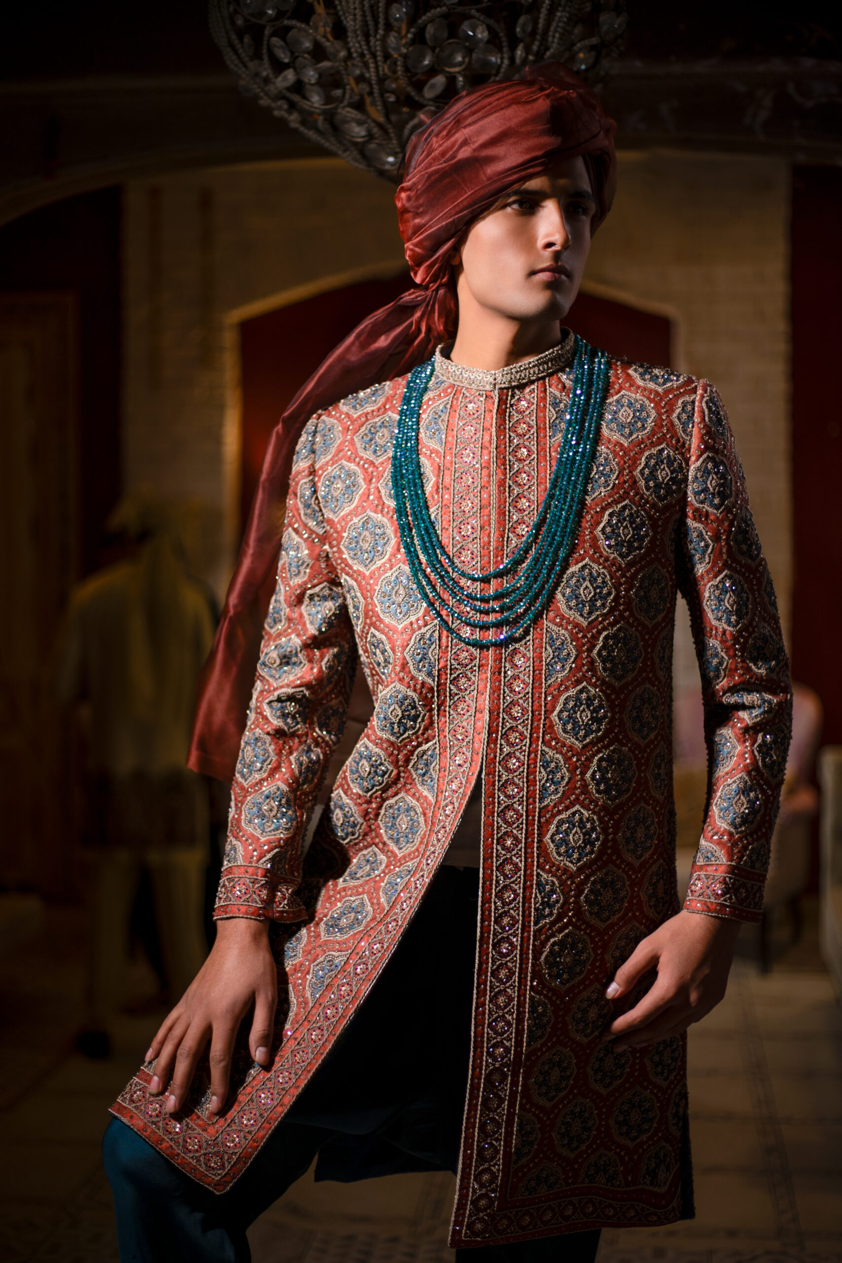 _F1A2405 Luxury Rust Sherwani Blue Karchob Groom, Terracotta Designer Wedding Sherwani Nauman Arfeen, Shahi Medallion Embroidery Attire
