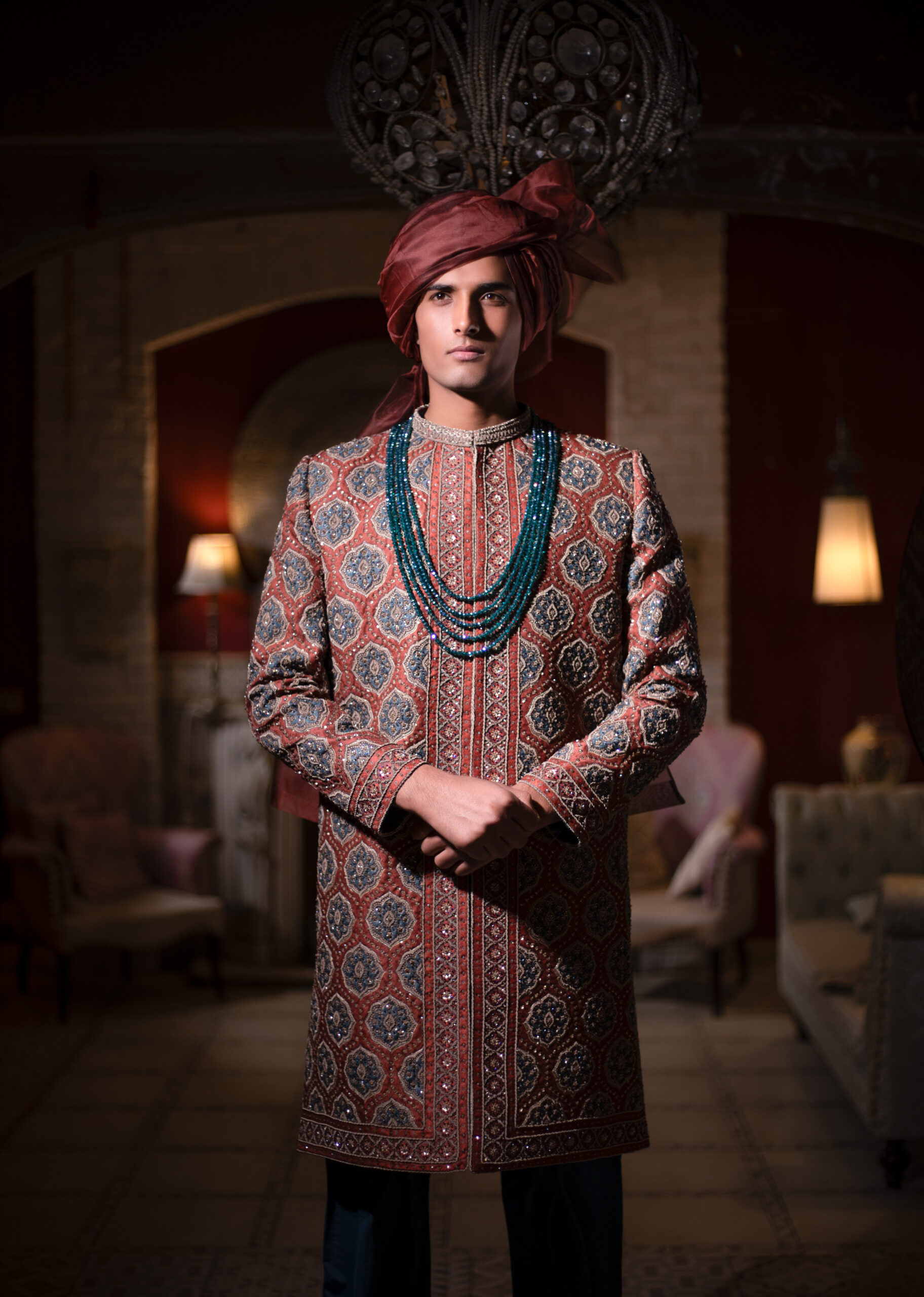 _F1A2419 Luxury Rust Sherwani Blue Karchob Groom, Terracotta Designer Wedding Sherwani Nauman Arfeen, Shahi Medallion Embroidery Attire