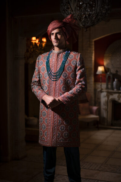 Luxury Rust Sherwani Blue Karchob Groom, Terracotta Designer Wedding Sherwani Nauman Arfeen, Shahi Medallion Embroidery Attire