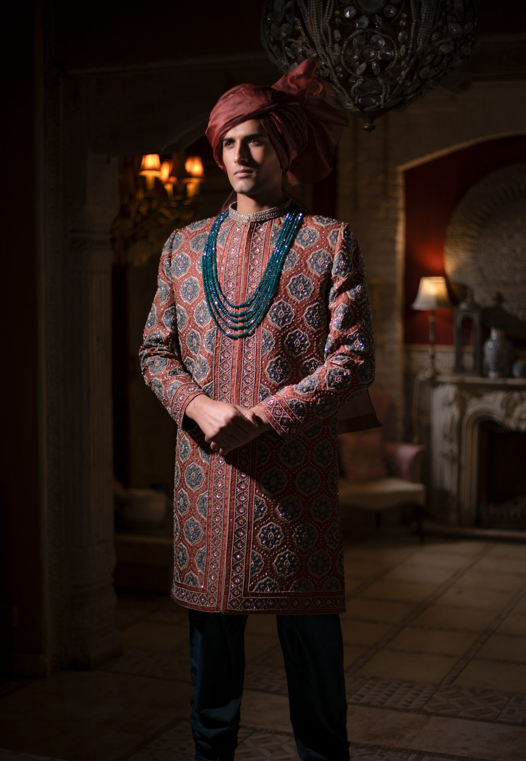 _F1A2423 Luxury Rust Sherwani Blue Karchob Groom, Terracotta Designer Wedding Sherwani Nauman Arfeen, Shahi Medallion Embroidery Attire