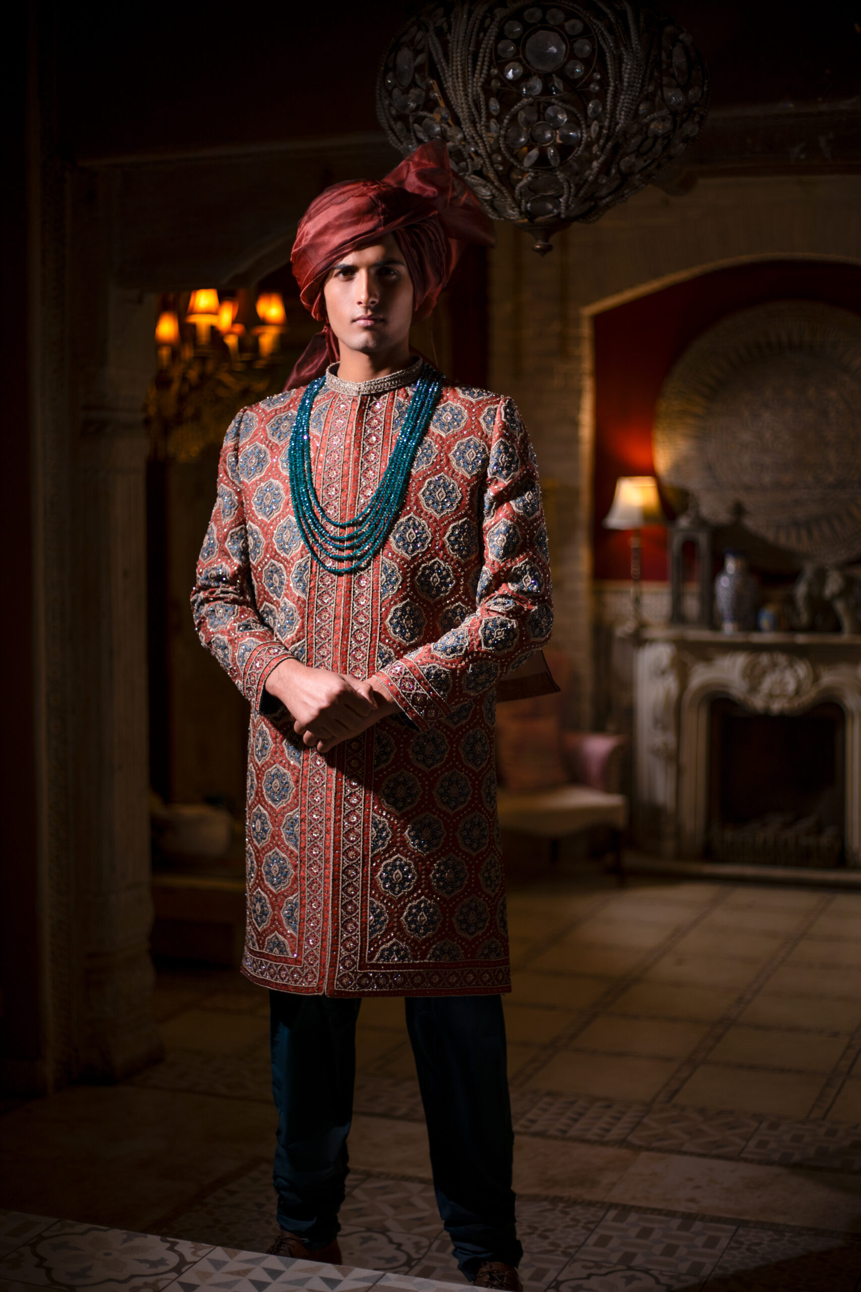 _F1A2429 Luxury Rust Sherwani Blue Karchob Groom, Terracotta Designer Wedding Sherwani Nauman Arfeen, Shahi Medallion Embroidery Attire
