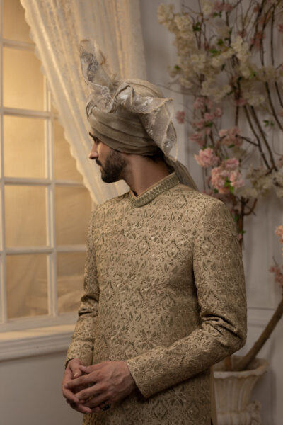 Aurum Royale Handcrafted Sherwani for Groom - Luxury Pakistani Wedding Sherwani in Gold with Full Hand Embroidery - Royal Sherwani for Groom 2025 by Nauman Arfeen – Luxury Pakistani Wedding Sherwani in traditional heritage design with embroidery and prince coat style