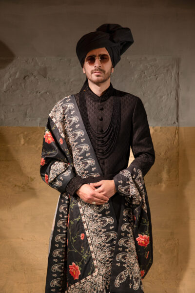 Designer black sherwani for groom with royal handwork on collar and sleeves, complete wedding sherwani set with shawl and turban