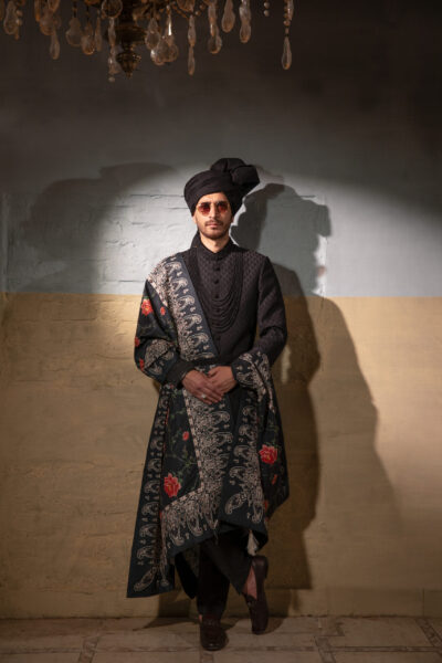 Designer black sherwani for groom with royal handwork on collar and sleeves, complete wedding sherwani set with shawl and turban