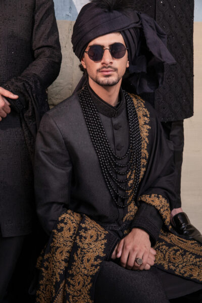 Luxury Éminence Noire Self-Weaved Classic Black Sherwani – A Masterpiece for the Modern Groom sherwani for groom - best designer sherwani - best sherwani in karachi online
