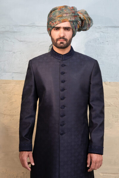 Royal Blue Sherwani with Handcrafted Embellishments