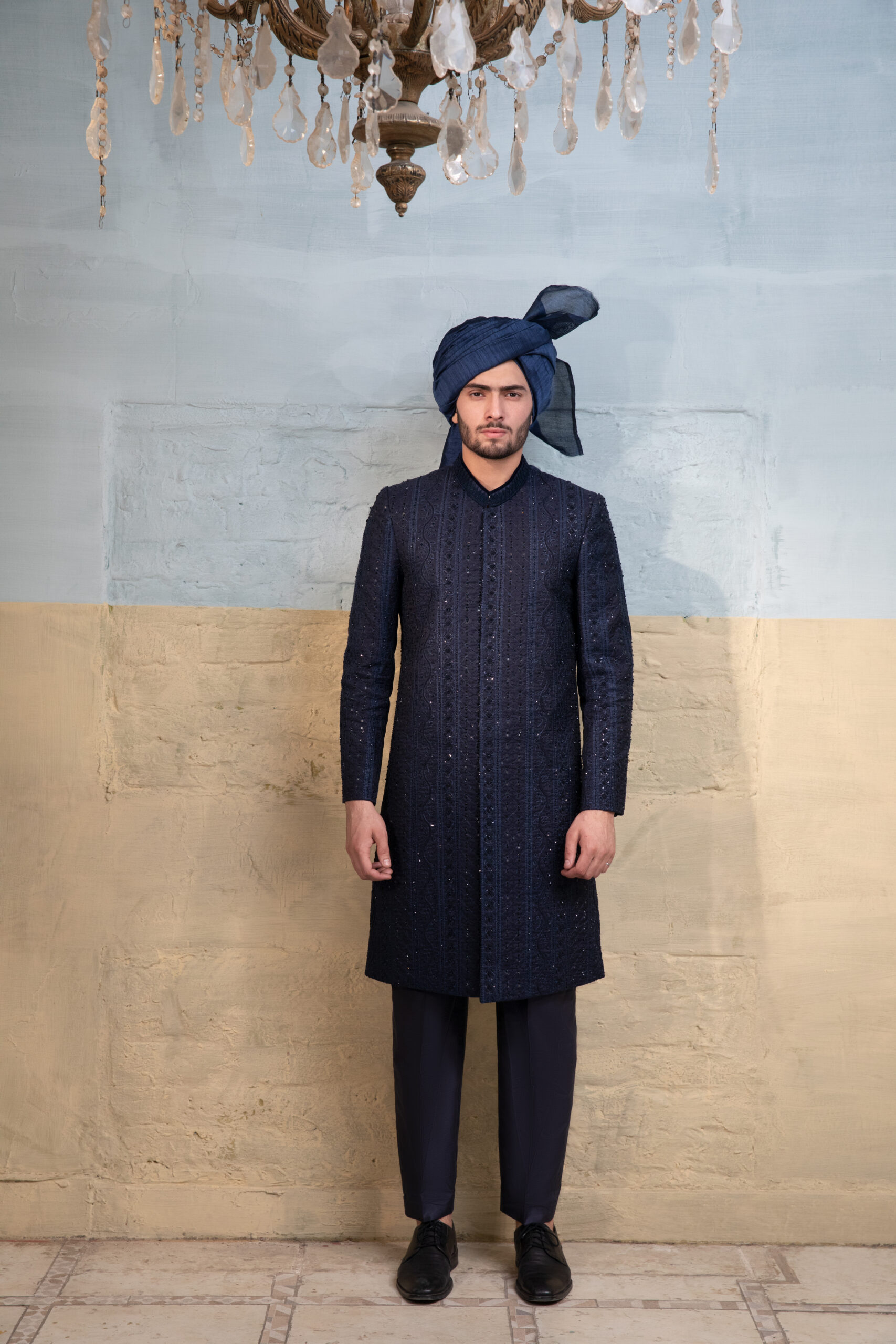 _F1A7660 Blue sherwani with ornate embellishments of crystals, sequins, and embroidery