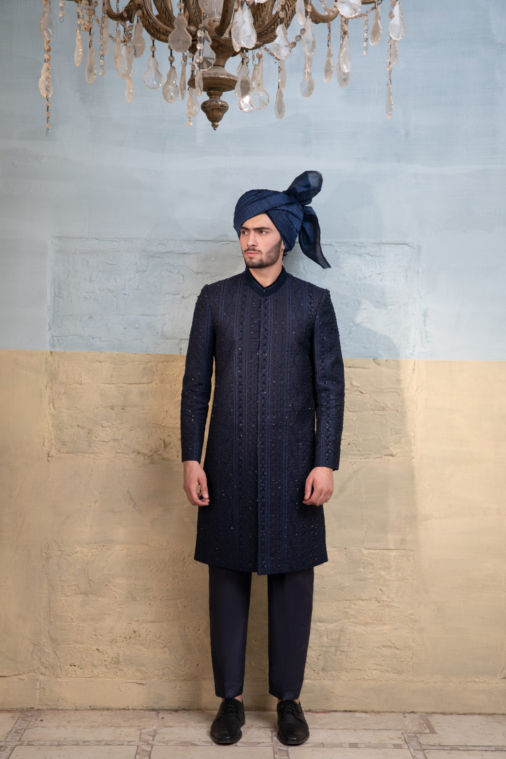 _F1A7663 Blue sherwani with ornate embellishments of crystals, sequins, and embroidery