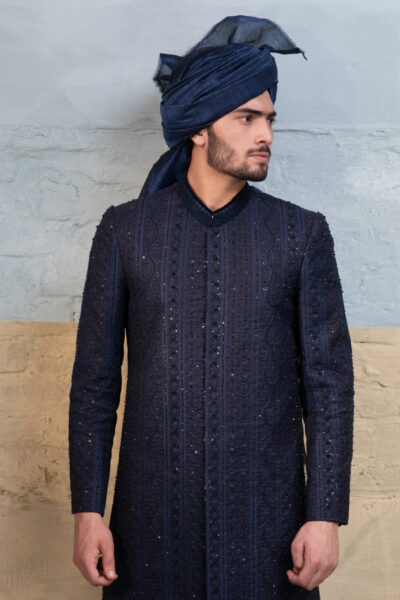 Blue Sherwani with Ornate Embellishments