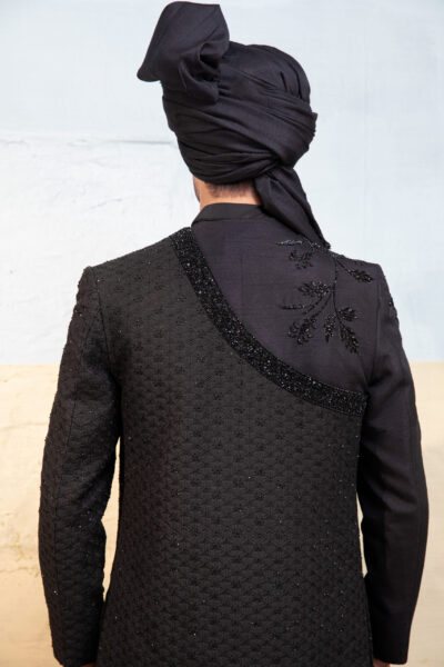 Luxury embroidered black prince coat with raised design for men – wedding and formal wear Pakistan