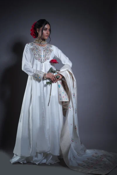 Ethereal White Frock with Rustic Gold Embroidery