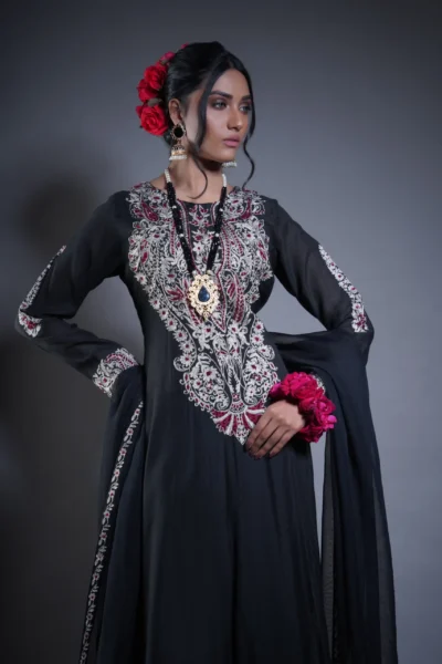 Mesmerizing Black Gown with Sparkly Silver and Maroon Accents