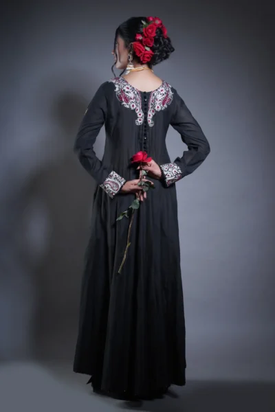 ## Mesmerizing Black Gown with Sparkly Silver and Maroon Accents