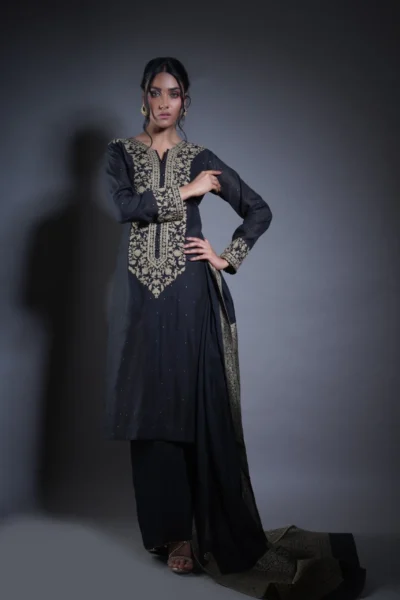Rustic Gold-Embroidered Black Suit for women by Naushemian by Nauman Arfeen