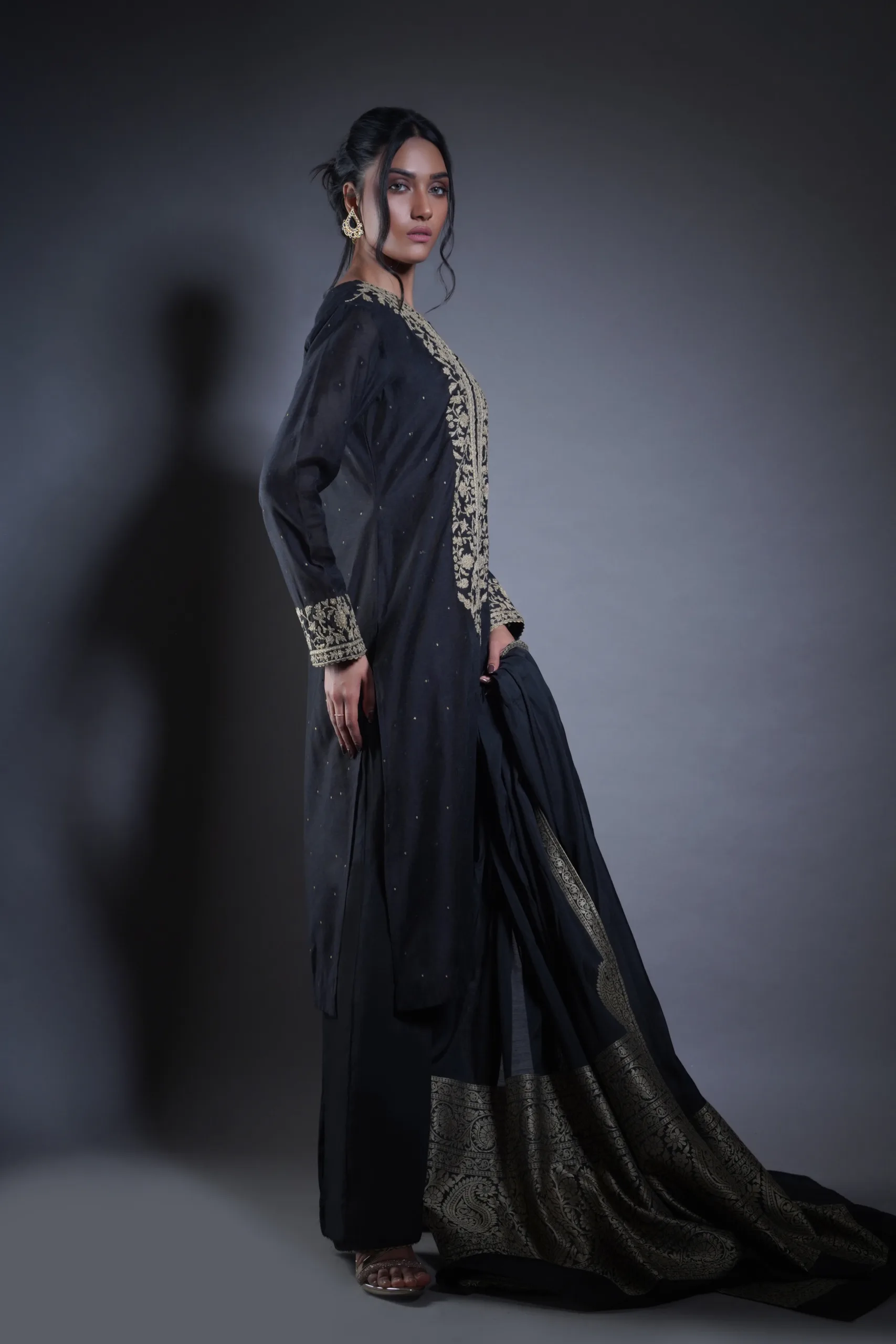 Rustic Gold-Embroidered Black Suit for women by Naushemian by Nauman Arfeen Rustic Gold-Embroidered Black Suit for women by Naushemian by Nauman Arfeen