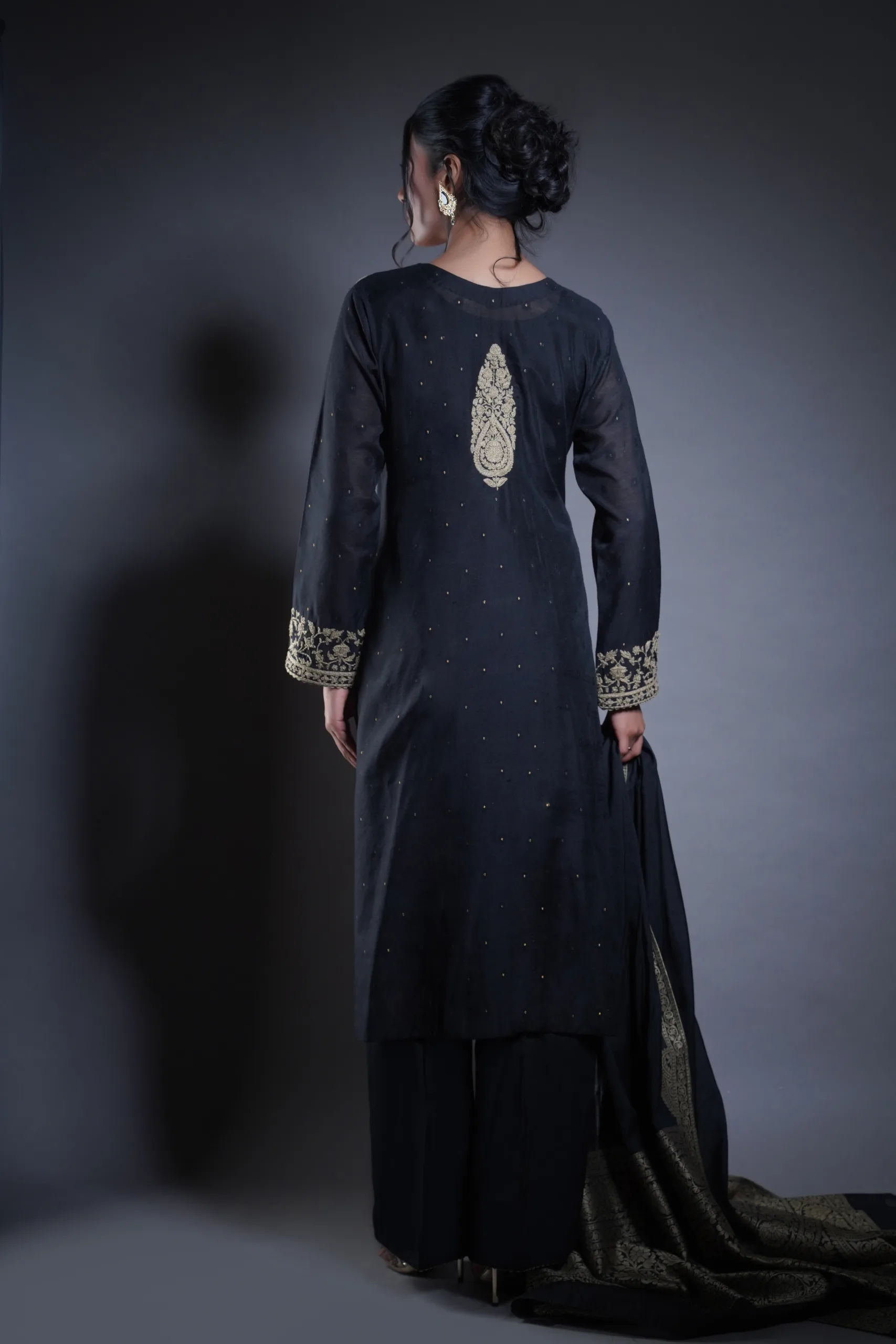 Rustic Gold-Embroidered Black Suit for women by Naushemian by Nauman Arfeen Rustic Gold-Embroidered Black Suit for women by Naushemian by Nauman Arfeen