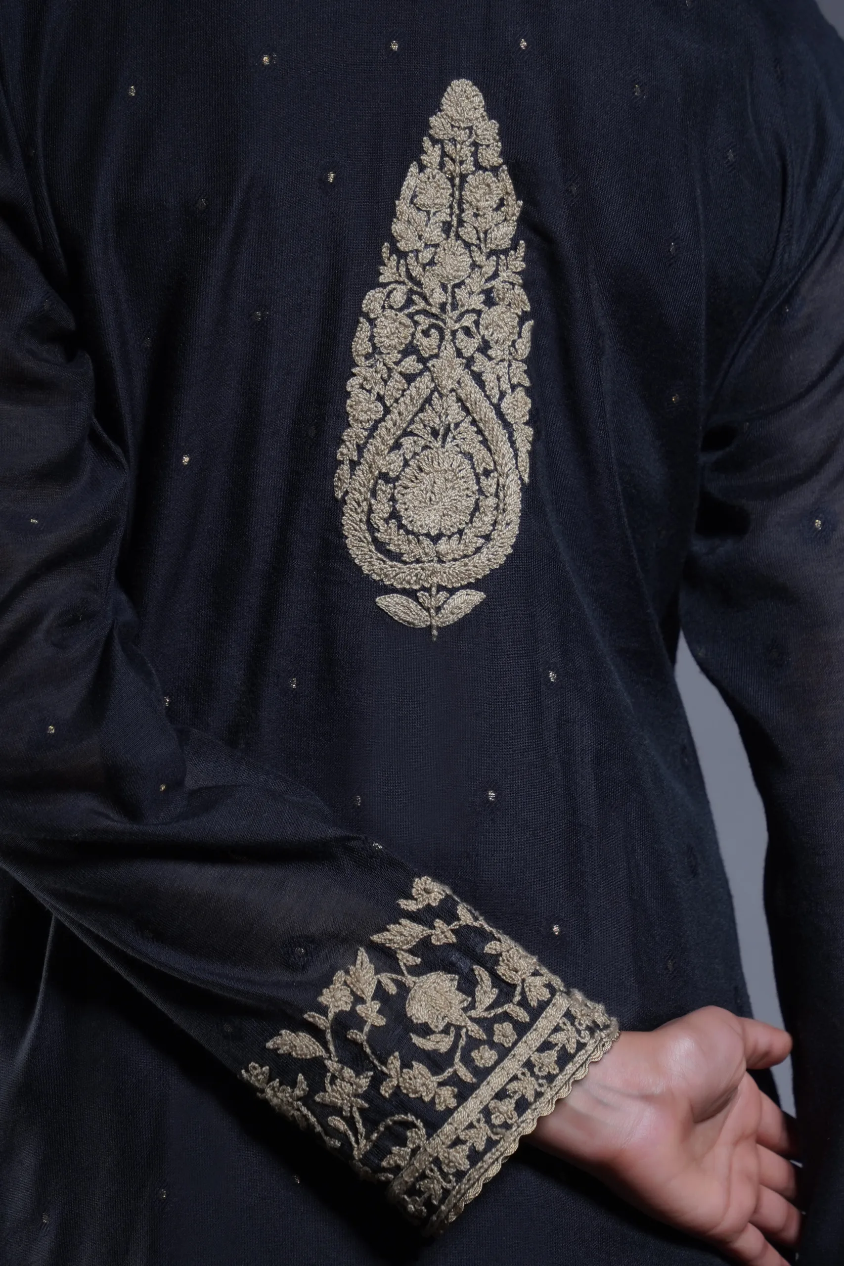 Rustic Gold-Embroidered Black Suit for women by Naushemian by Nauman Arfeen Rustic Gold-Embroidered Black Suit for women by Naushemian by Nauman Arfeen