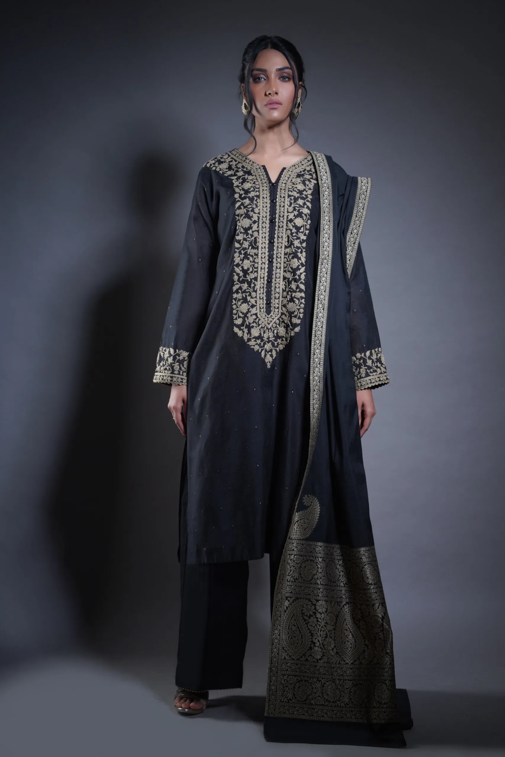 Rustic Gold-Embroidered Black Suit for women by Naushemian by Nauman Arfeen Rustic Gold-Embroidered Black Suit for women by Naushemian by Nauman Arfeen