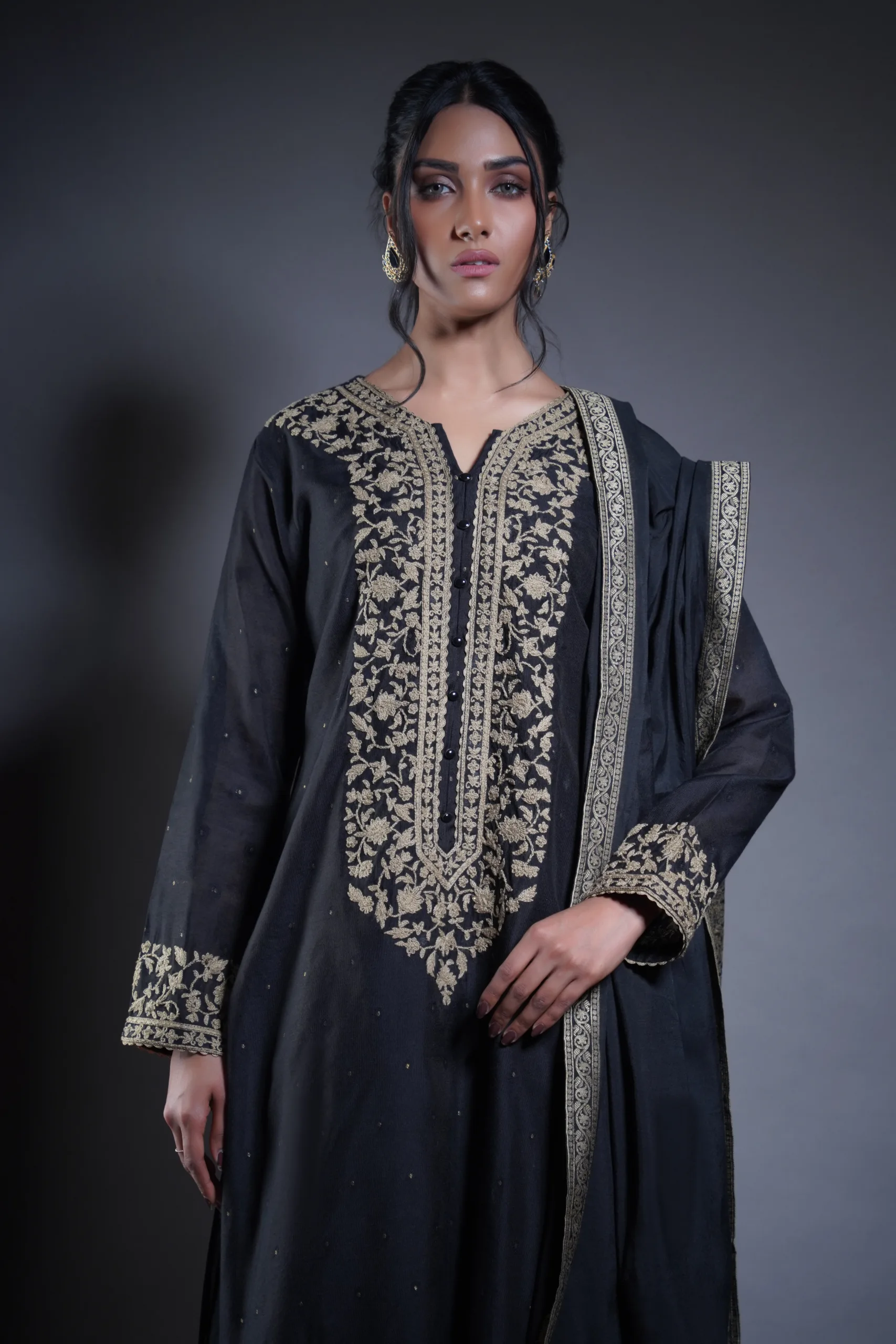 Rustic Gold-Embroidered Black Suit for women by Naushemian by Nauman Arfeen Rustic Gold-Embroidered Black Suit for women by Naushemian by Nauman Arfeen