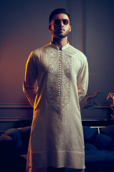 kurta for men - buy kurta online - mens kurta man wearing kurta for men on his wedding day of naushemian by nauman arfeen - Mens wear sherwani for groom - kurta online Graceful Neck Embroidered Kurta