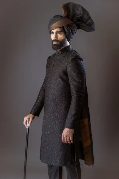 best designer in pakistan - best wedding designer - black Sherwani - Sherwani for Groom - Sherwani for Men