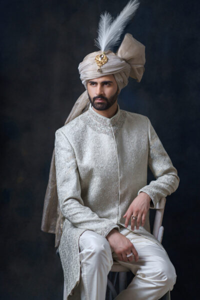 Traditional embroidered groom sherwani with hand-finished collar and sleeves – luxury wedding outfit by Nauman Arfeen